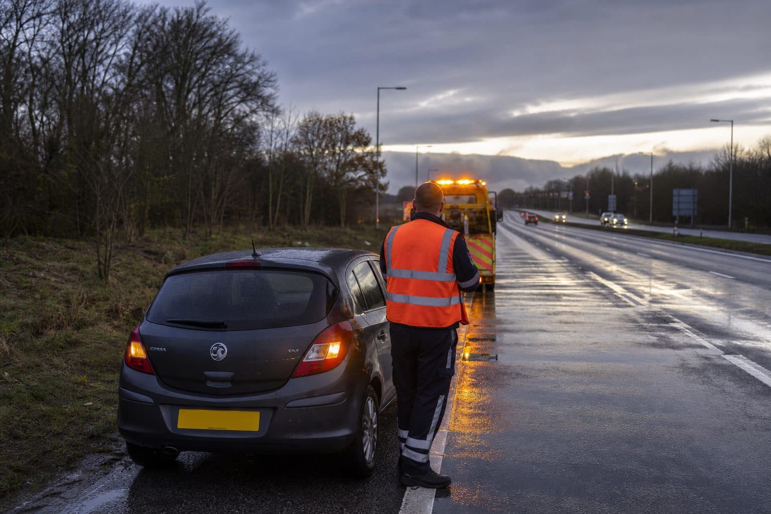 Recovery operator attending a broken-down vehicle on a wet Hampshire road