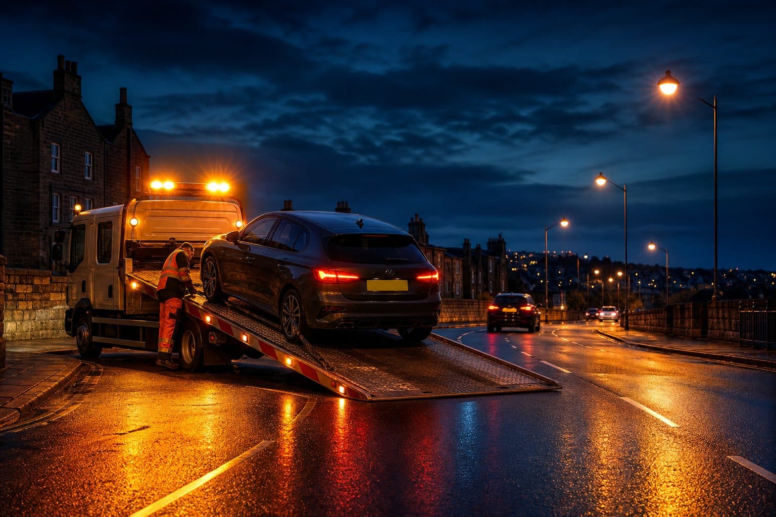 Recovery truck loading a car at dusk on a wet British road